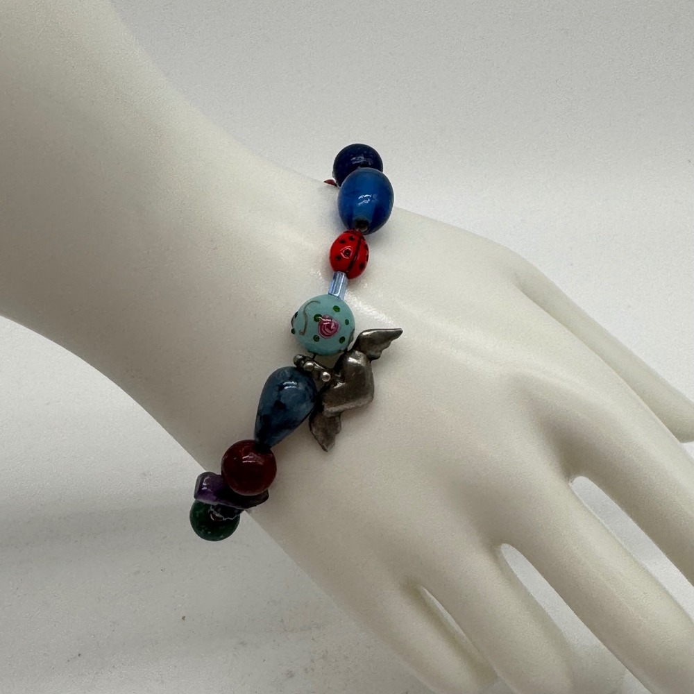 Handcrafted Artisan Glass Bead Bracelet Pewter Angel Charm Toggle Clasp 7.75"